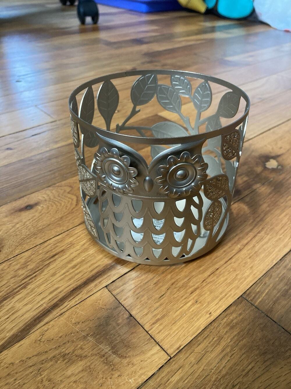 Bath & Body Works Sparkle Owl Tree Leaf Design 3 Wick Candle/Jar holder Gunmetal